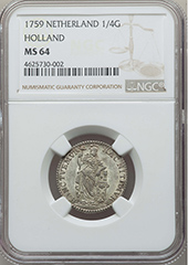 1759 Netherland, 1/4G Holland NGC MS64