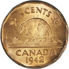 1942  5 Cents  MS65   (Missing Beaver)
